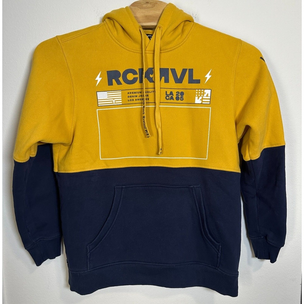 Rock Revival Mens Size M Medium Yellow Navy Blue Colorblock Graphic Hoodie